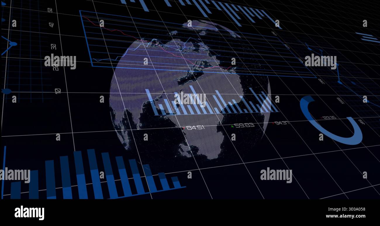 Displaying translucent 3D globe rotating over dark grid plane showing bars, gauge and data lines Stock Photo