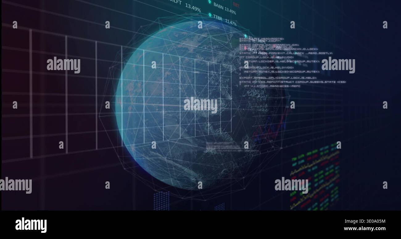 Rotating wireframe globe projecting node links and 3x3 grid in HUD with code panels and tickers Stock Photo