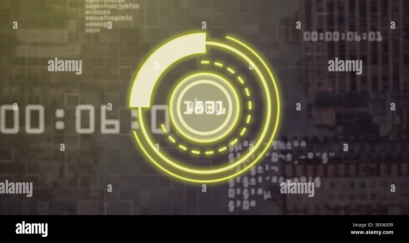 Displaying yellow circular HUD centered in interface, showing 1831, left timestamp, code, building Stock Photo