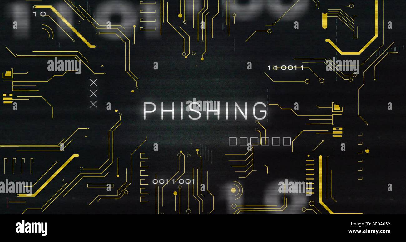 Displaying centered PHISHING text on dark schematic, showing gold traces, binary, password boxes Stock Photo