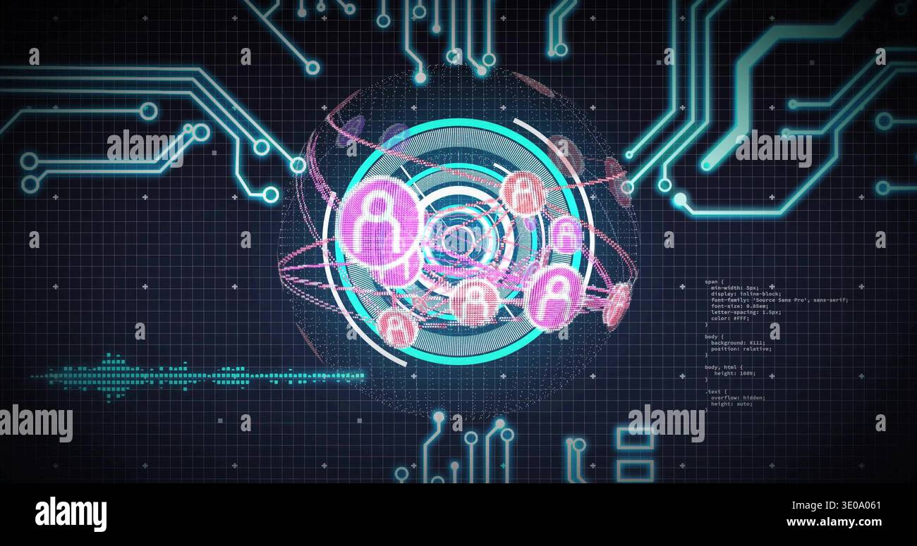 Displaying central holographic interface rotating on dark grid plane, linking pink avatar nodes Stock Photo