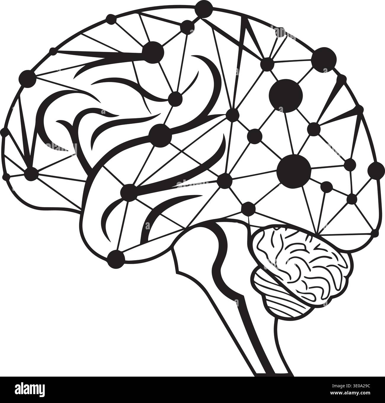 Black and white vector illustration of a human brain with neural ...