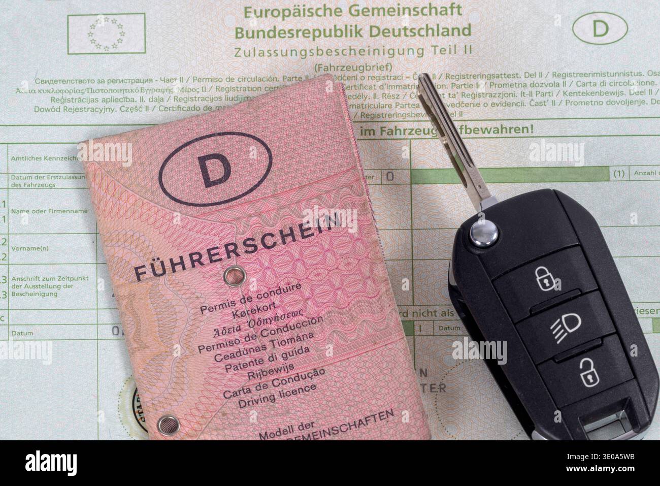 Pink paper driver's license and car keys are on registration ...