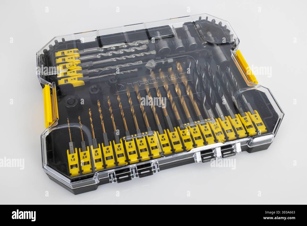 Combi box, various drill bits and screwdriver bit set from Trotec, white background, Stock Photo
