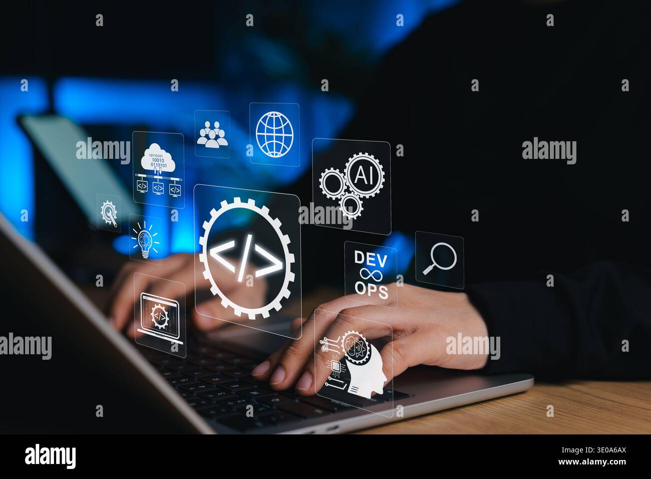 AI powered software development concept. Developer coding on laptop with DevOps, artificial intelligence, cloud computing, and automation icon Stock Photo
