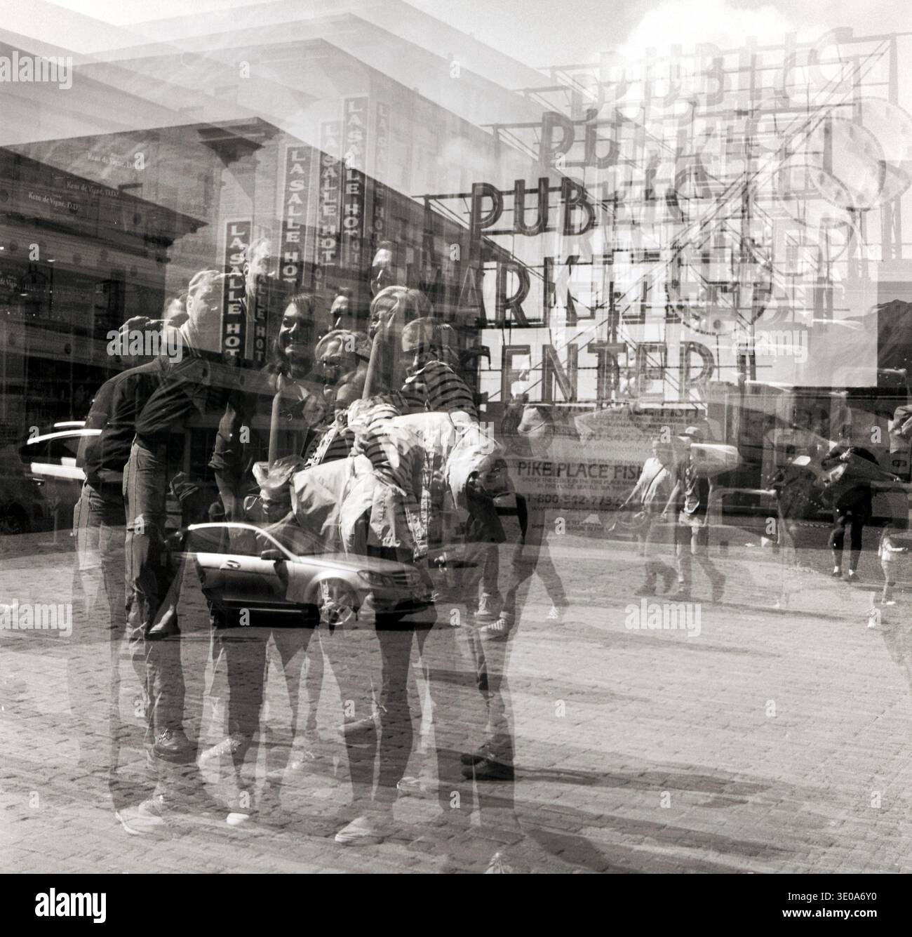HB41003-00.....WASHINGTON - Multiple exposure of Pike Place Market, Seattle.  Kodak TRIX film, Rolleicord Camera. Stock Photo