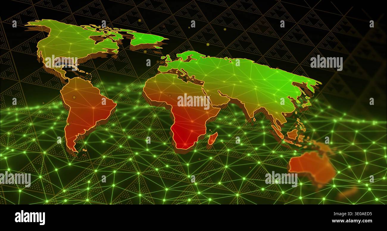 Displaying stylized world map floating over 3D mesh, with glowing nodes and gradient lands Stock Photo