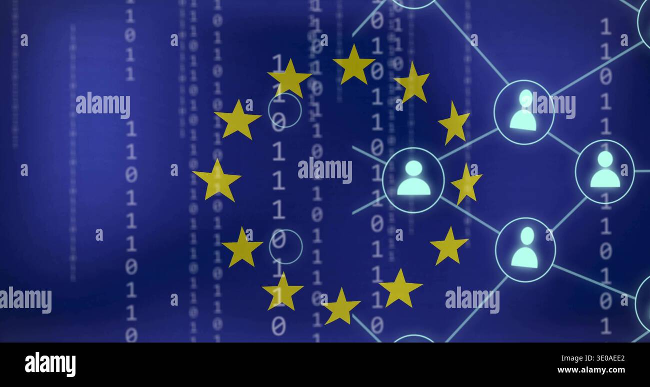 Displaying circular yellow stars centered on blue backdrop, showing binary code and network nodes Stock Photo