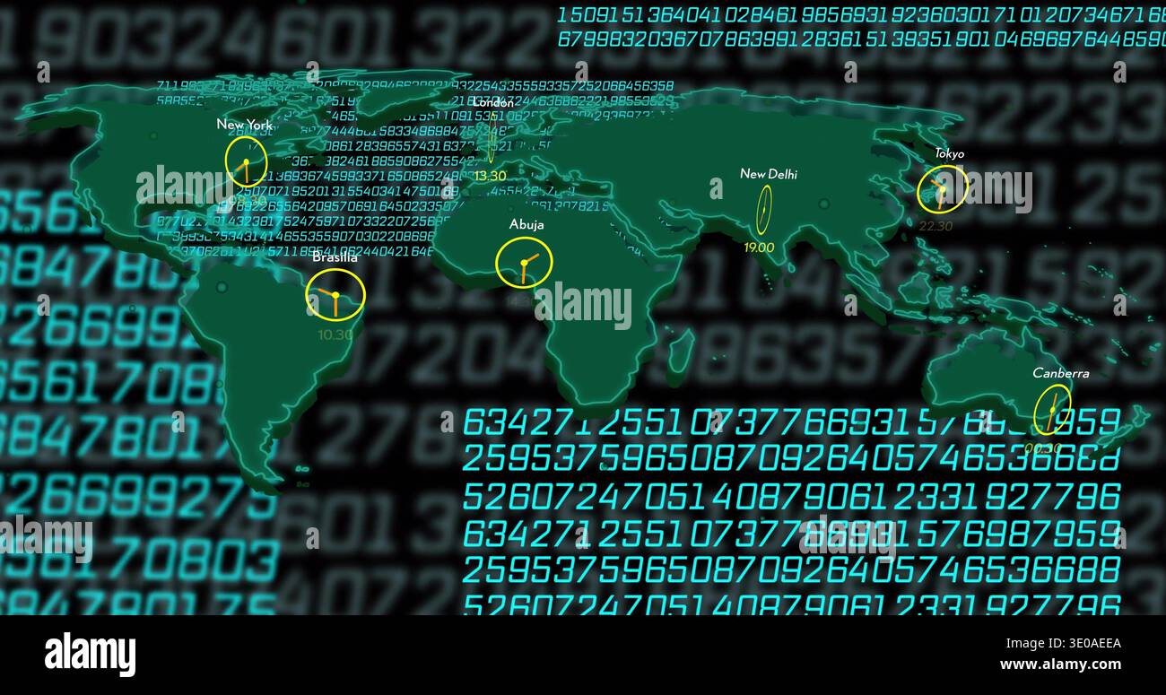 Displaying stylized green world map over teal numeric code backdrop, showing analog clock icons Stock Photo