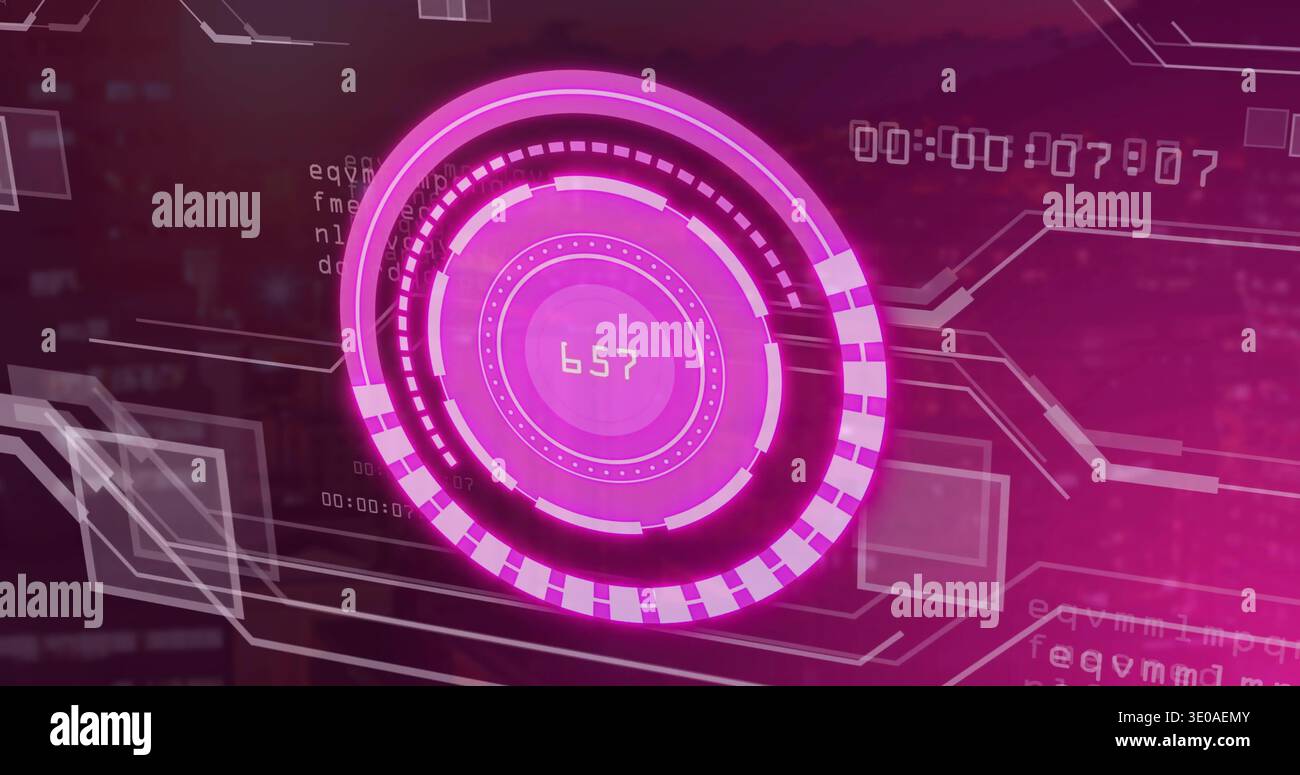 Displaying centered circular HUD rotating over magenta gradient control panel, showing numeric 657 Stock Photo