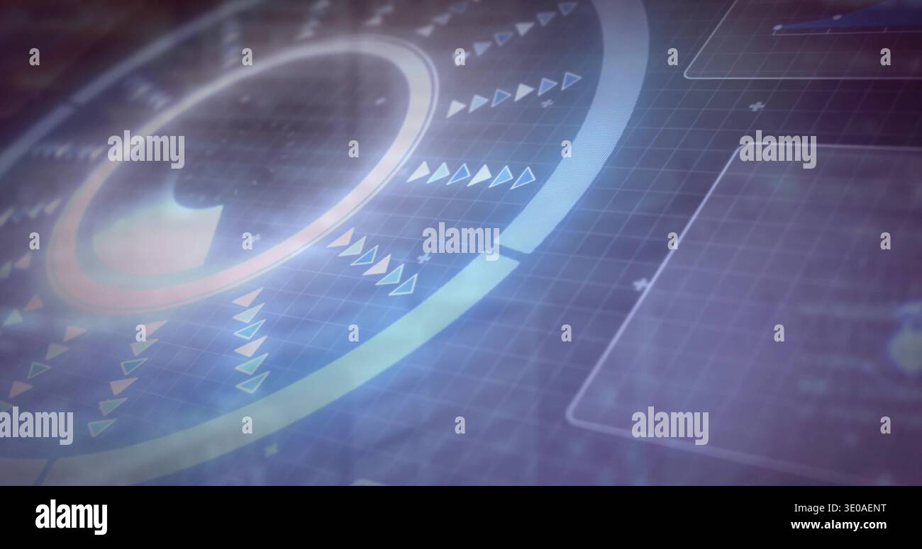 Displaying large circular HUD element rotating on-screen dashboard, with triangular arrow markers Stock Photo