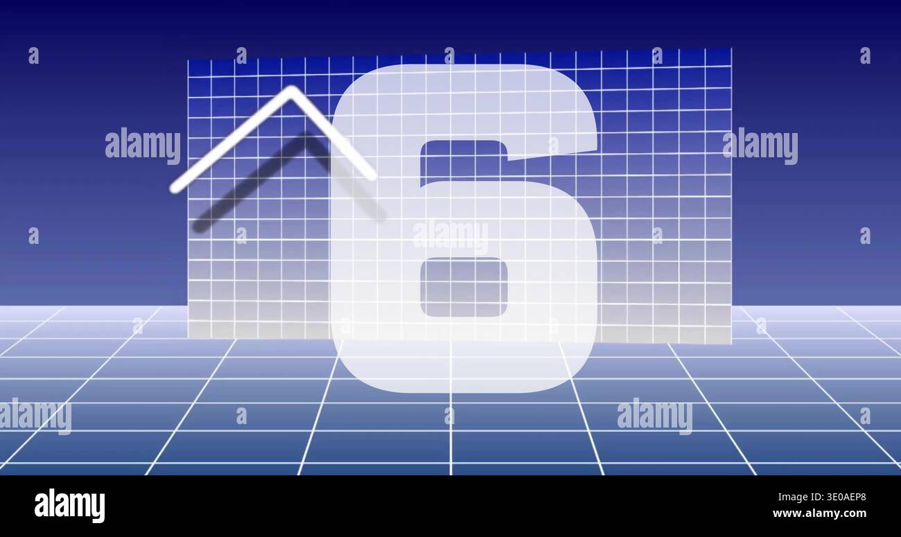 Displaying numeral 6 hovering centered on tiled grid floor in 3D studio, panel-chevron overlap Stock Photo