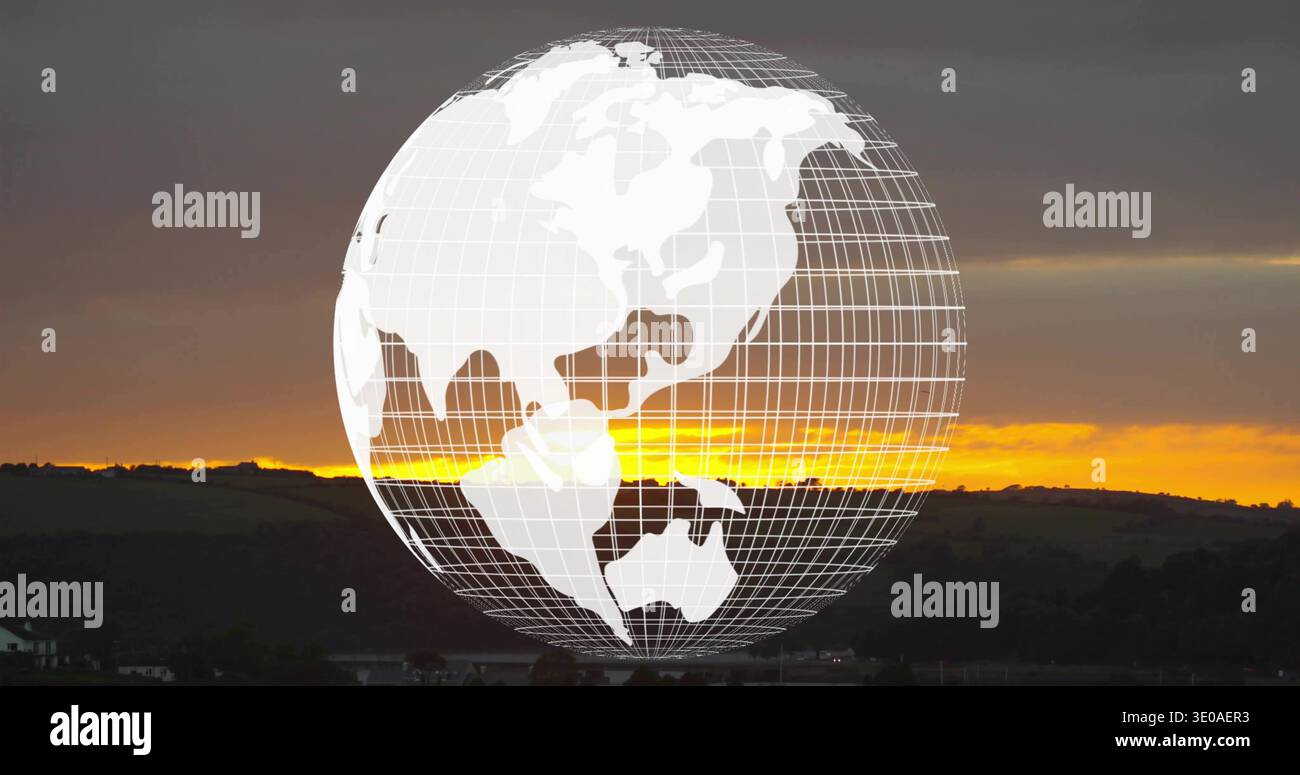 Displaying wireframe globe hovering over sunset hills, showing gold horizon band and silhouettes Stock Photo