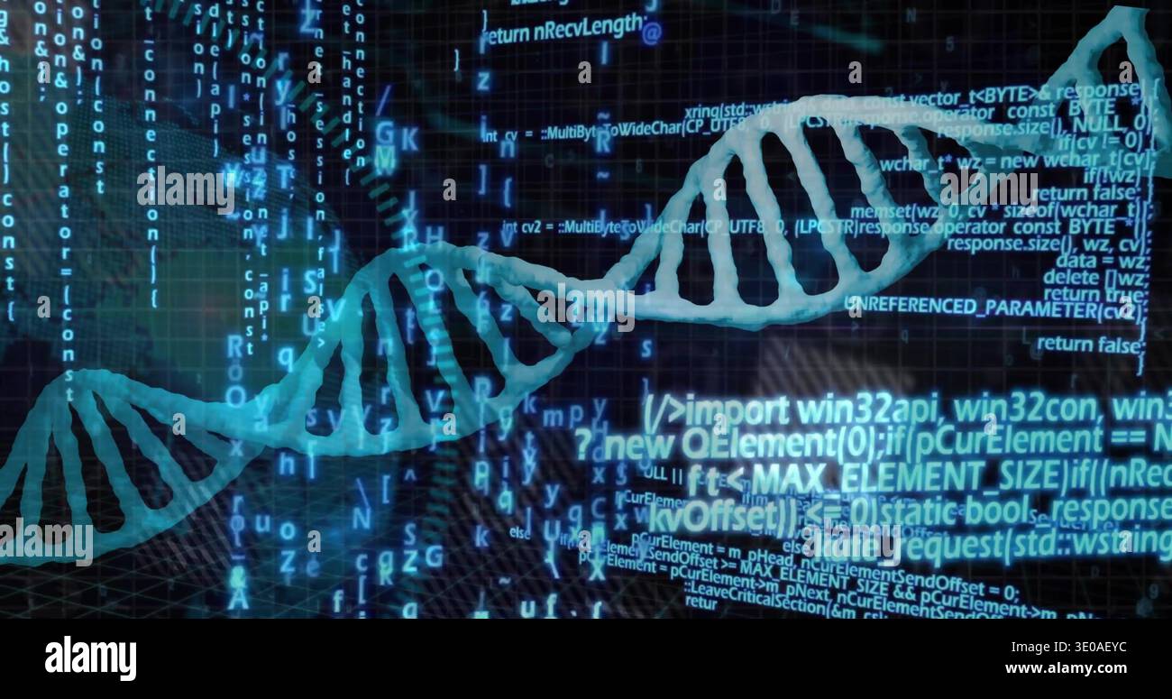 Displaying glowing cyan double helix stretching across virtual lab space, showing code streams Stock Photo