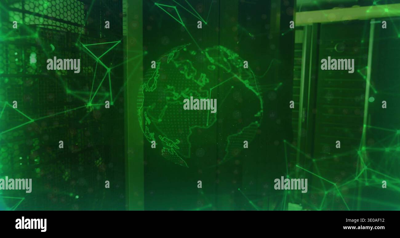 Glowing holographic wireframe globe projecting above server racks, with green network node mesh Stock Photo