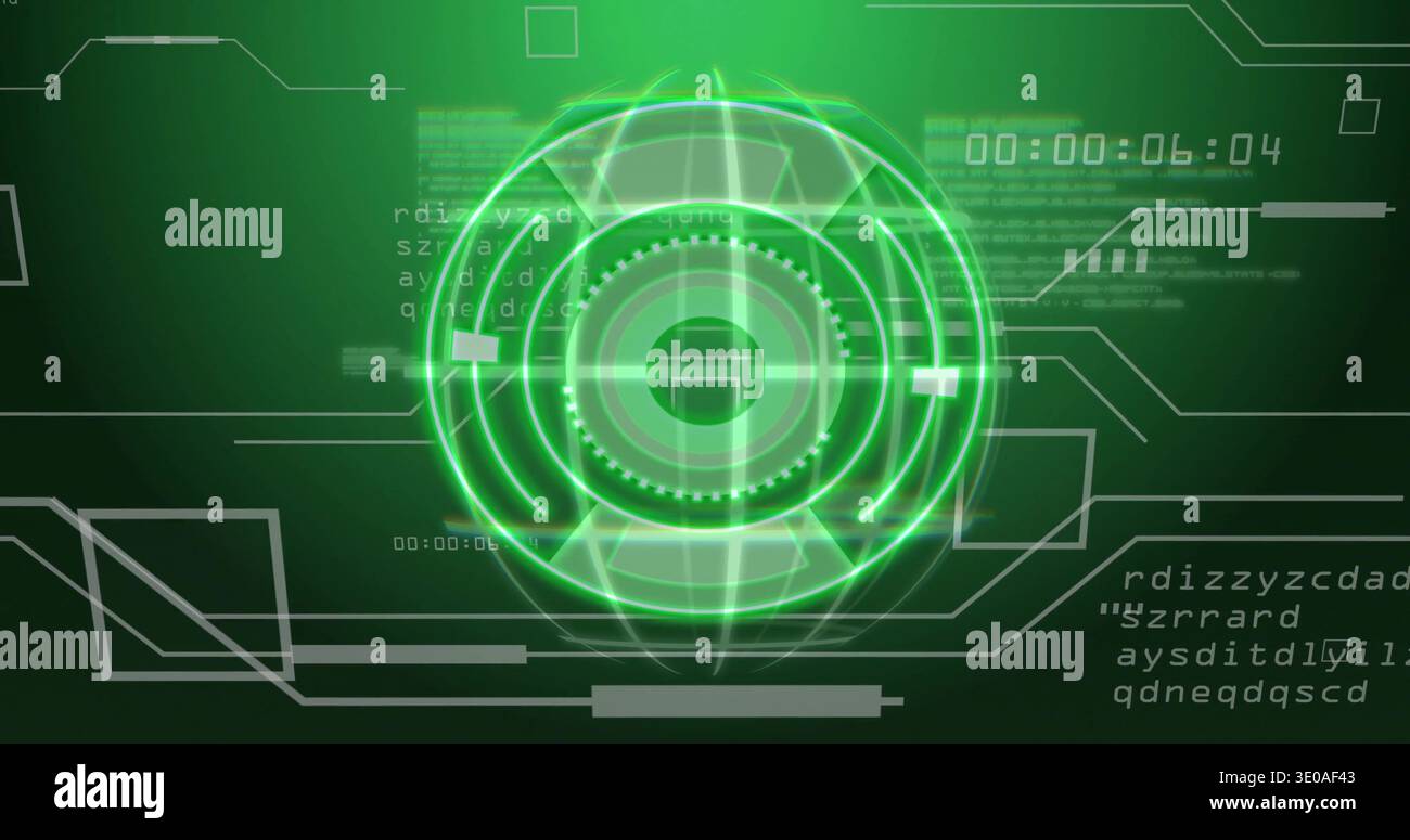 Rotating central luminous concentric holo interface pulsing on virtual HUD, with timer readout Stock Photo