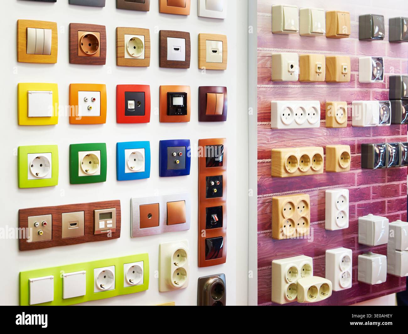 Wall mounted home electrical outlets in store Stock Photo