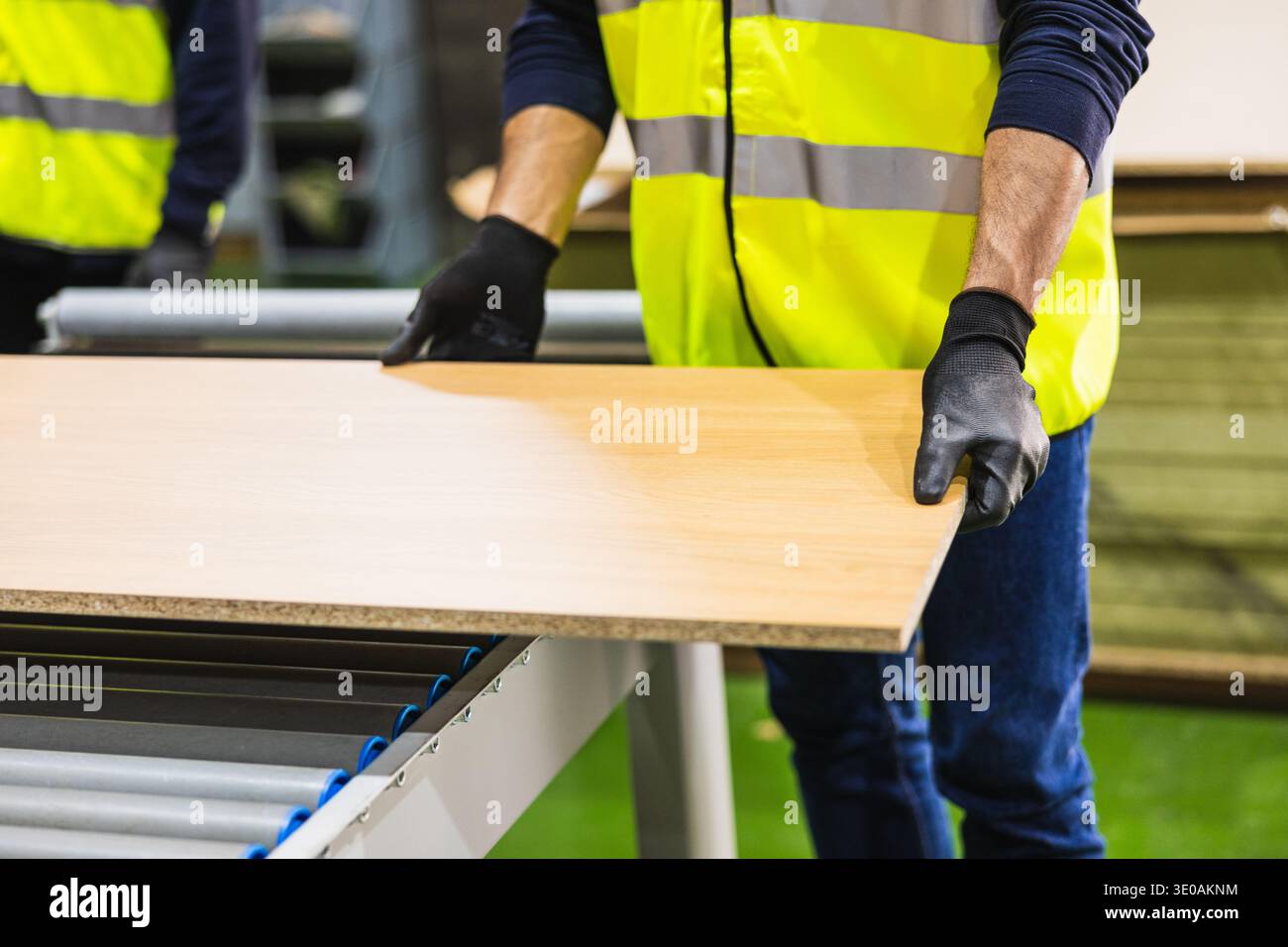 Worker processing wood board on conveyor in factory Stock Photo