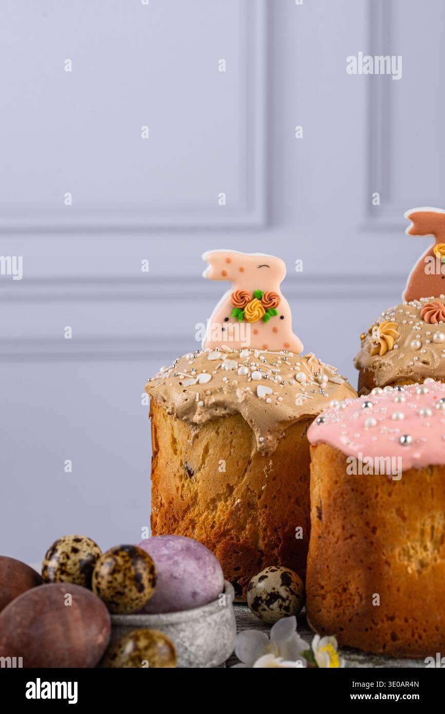 Traditional Easter cake kulich and eggs Stock Photo