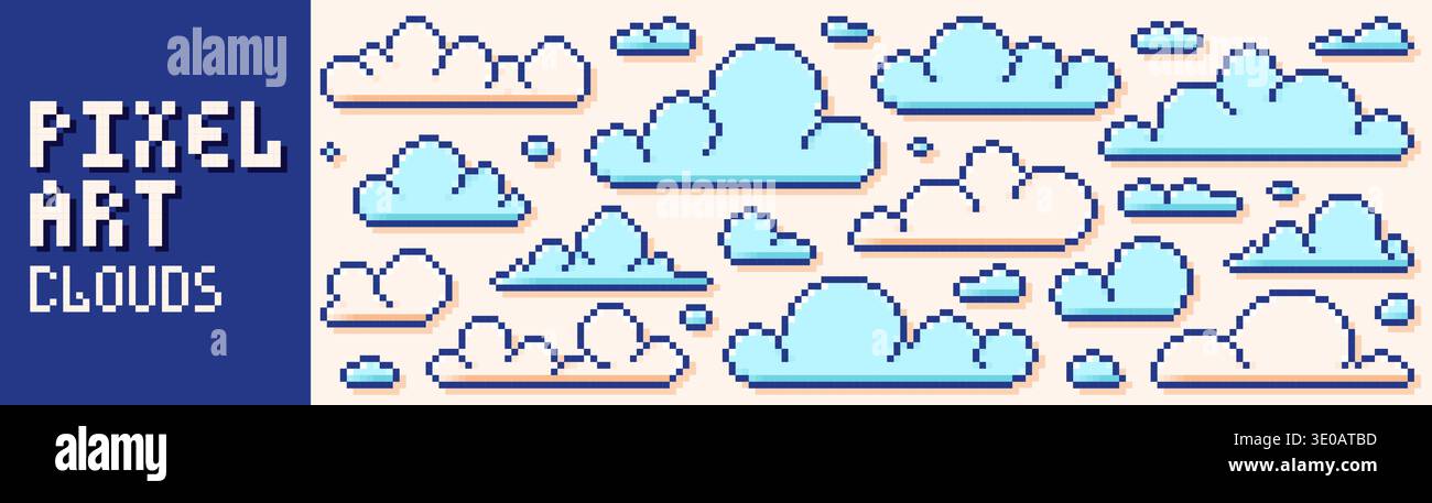 Pack with pixel art game white and blue clouds. Stock Vector