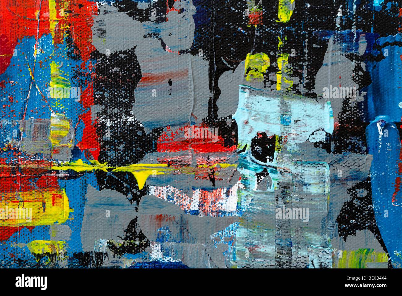 Macro close-up of an abstract, messy, bright and colorful acrylic paint background. High resolution full frame textured canvas background. Stock Photo