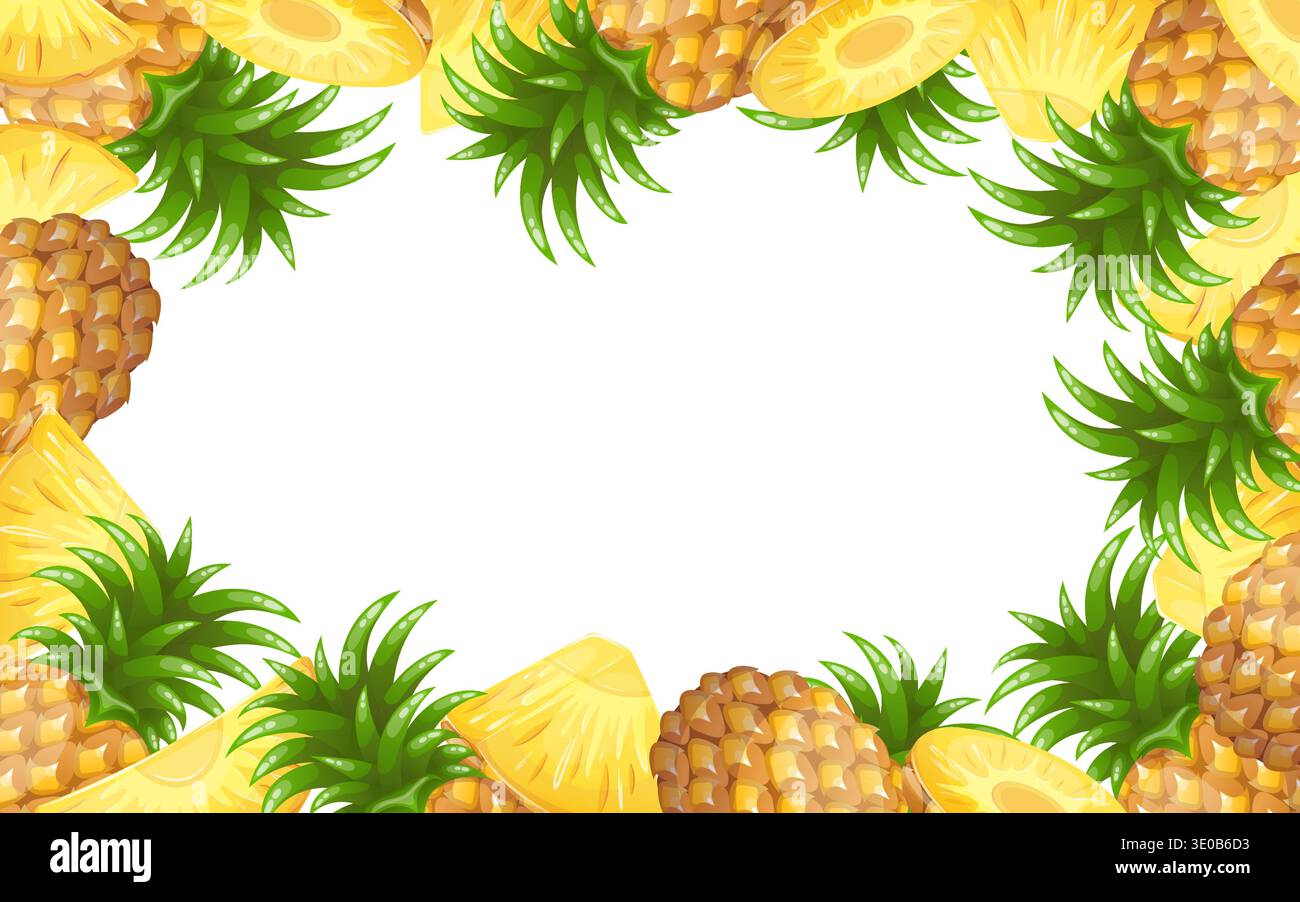 Vector tropical frame with pineapples and pineapple slices Stock Vector