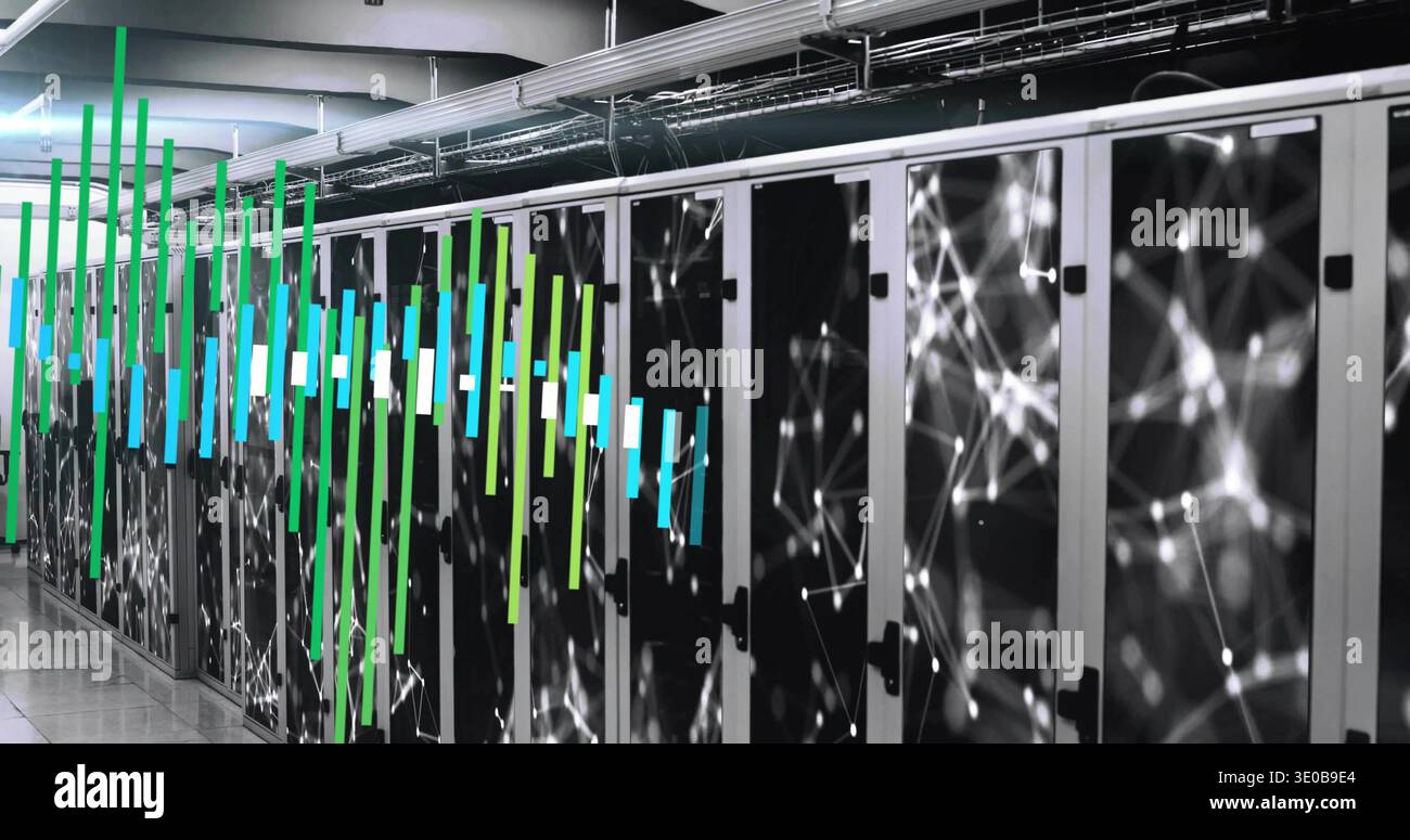 Displaying server racks stretching down data center aisle, showing colored visualization bars Stock Photo