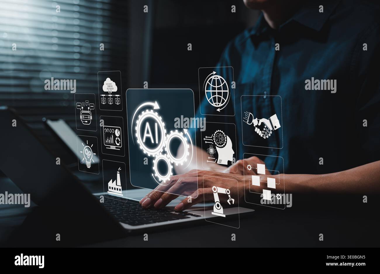 Artificial intelligence automation technology concept. Person using laptop with digital AI interface, machine learning system, data analytics dashboar Stock Photo