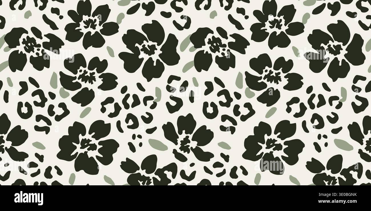 Mint Green and Black Tropical Floral Leopard Pattern Stock Vector