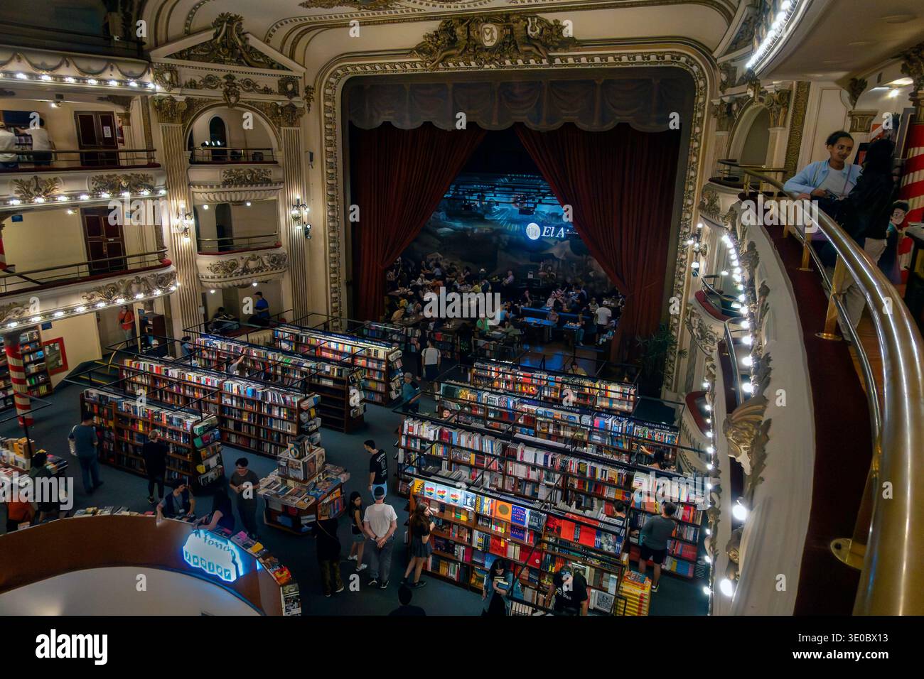 People cafeteria, book isles and balcony boxes of the former theatre and cinema El Ateneo Grand Splendid now a bookshop in Buenos Aires, Argentina Stock Photo