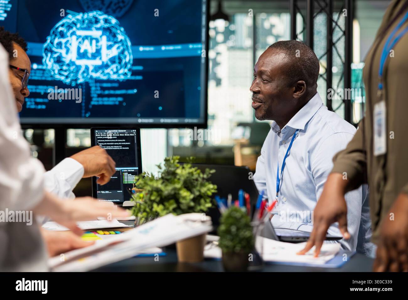AI startup engineers brainstorming to create neural network deep learning models. System administrators collaborate on artificial intelligence project to develop scalable solutions for businesses Stock Photo