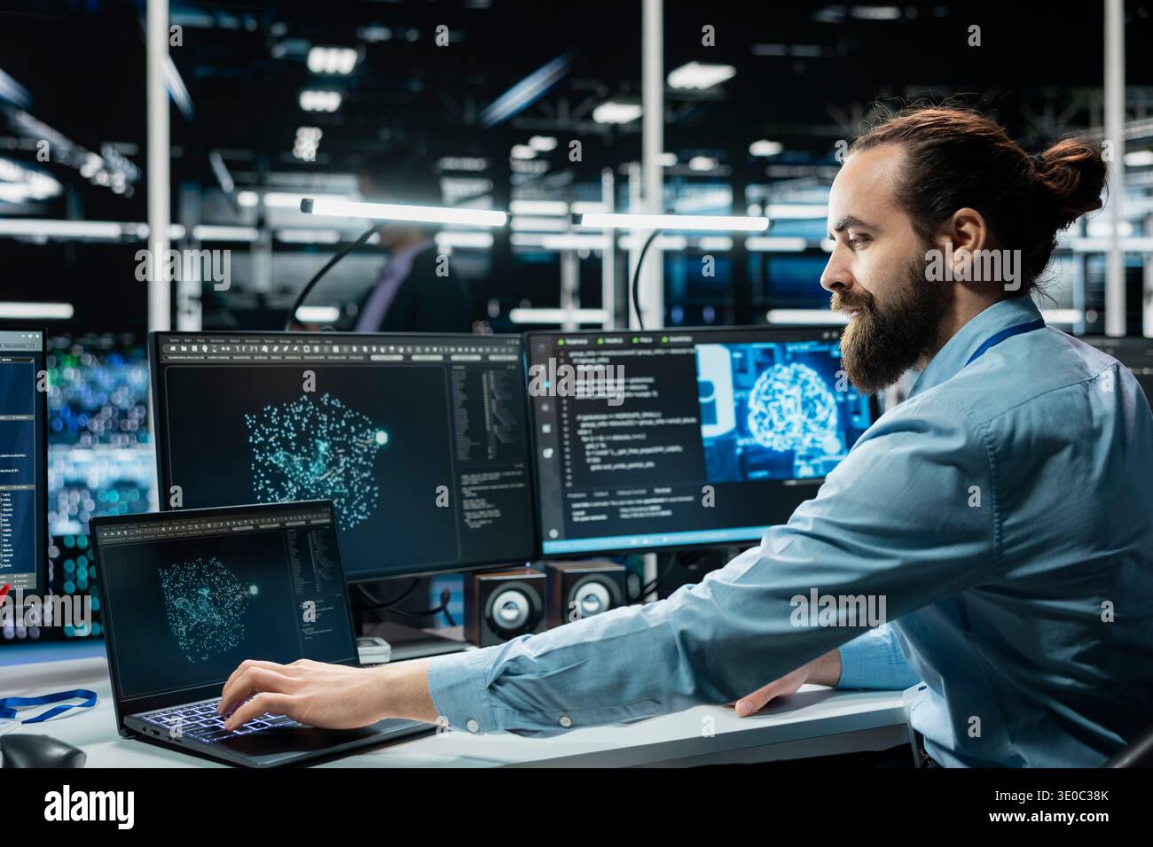 Computer scientist in data center optimizing hardware for AI tasks, increasing workloads. Server room IT professional automating system diagnostics using deep learning predictions Stock Photo