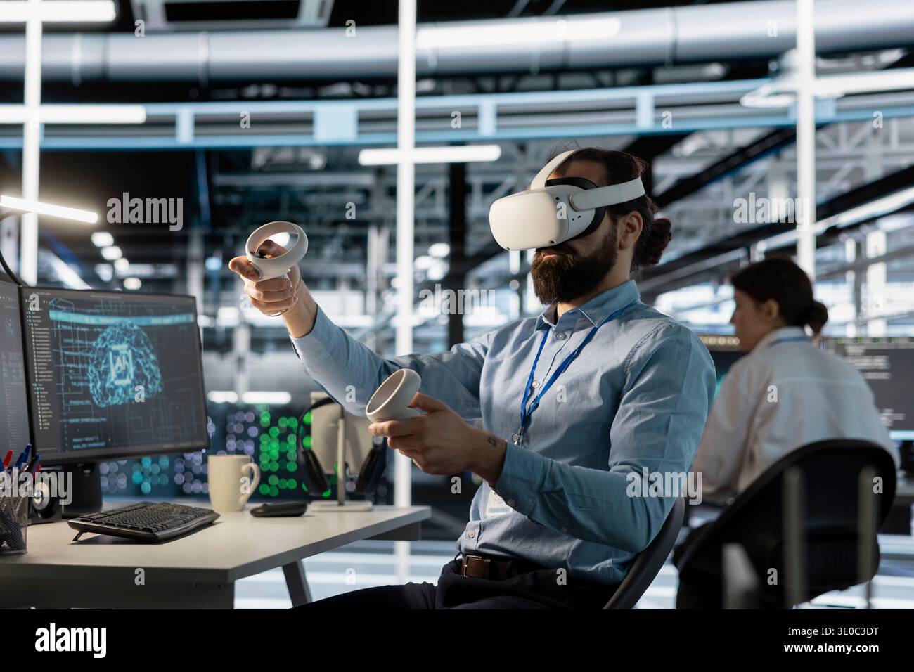Data center admin wearing VR equipment using artificial intelligence neural networks technology. Server room employee using virtual reality headset and AI programming language to configure hardware Stock Photo