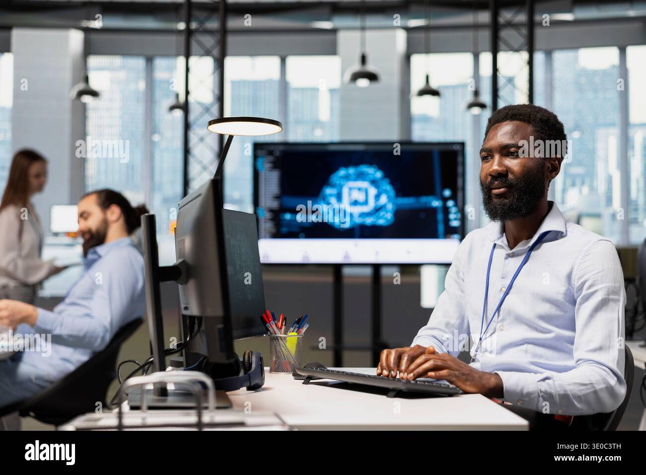 Engineer adjusting deep learning algorithms parameters at work to automate tasks. African american man in tech company working with AI driven insights for code optimization Stock Photo