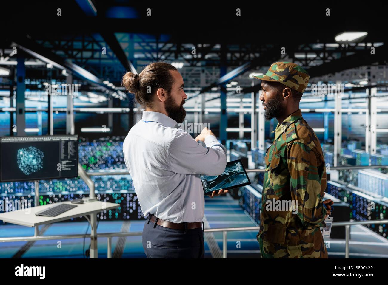 Engineer Fighting Computer Army officer and engineer fighting against cyber threats in data center ...