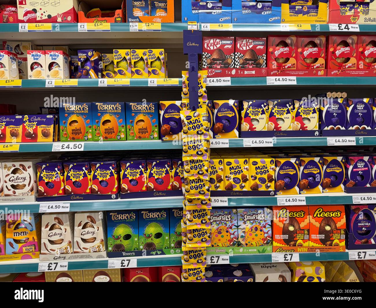 Chocolate Easter Eggs on the shelves at Tesco in South London, UK Stock Photo