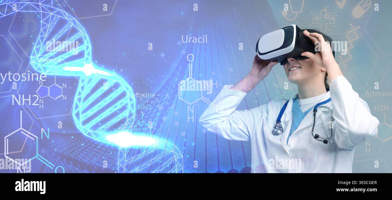 Scientist using VR headset, double exposure with virtual elements. Future technology in biochemistry Stock Photo