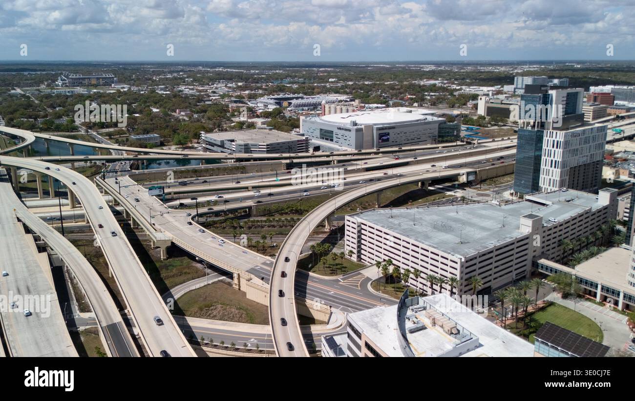 Aerial view of Orlando freeway interchange with urban buildings and ...