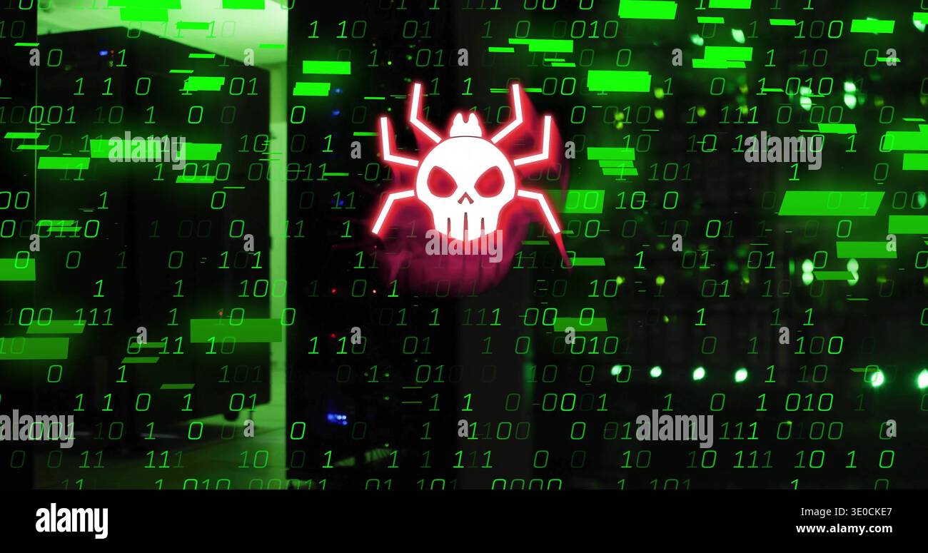 Glowing red skull-spider icon hovering over server racks with green binary code, magenta glow, LEDs Stock Photo
