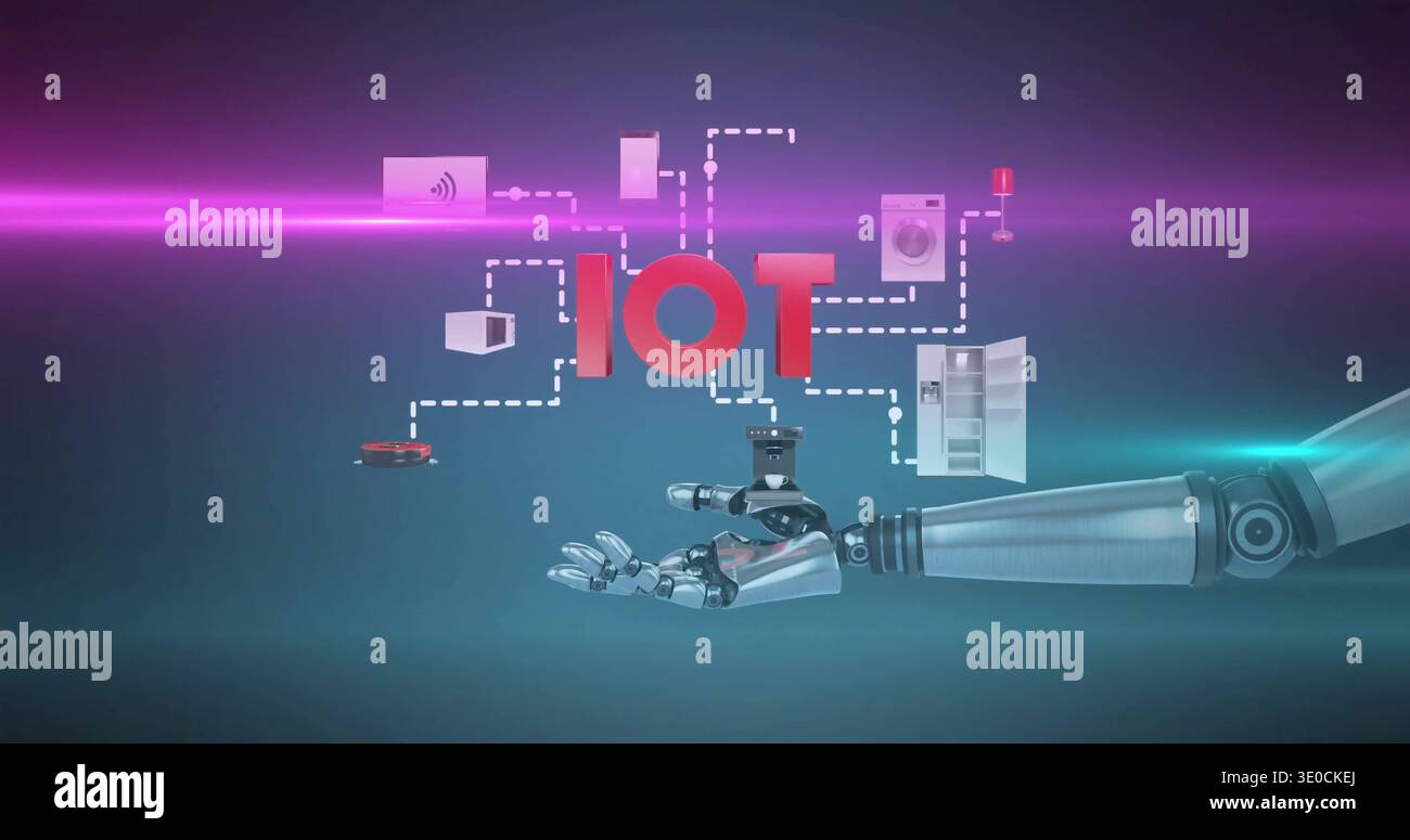 Reaching metallic robotic arm presenting IOT and dashed lines and ...
