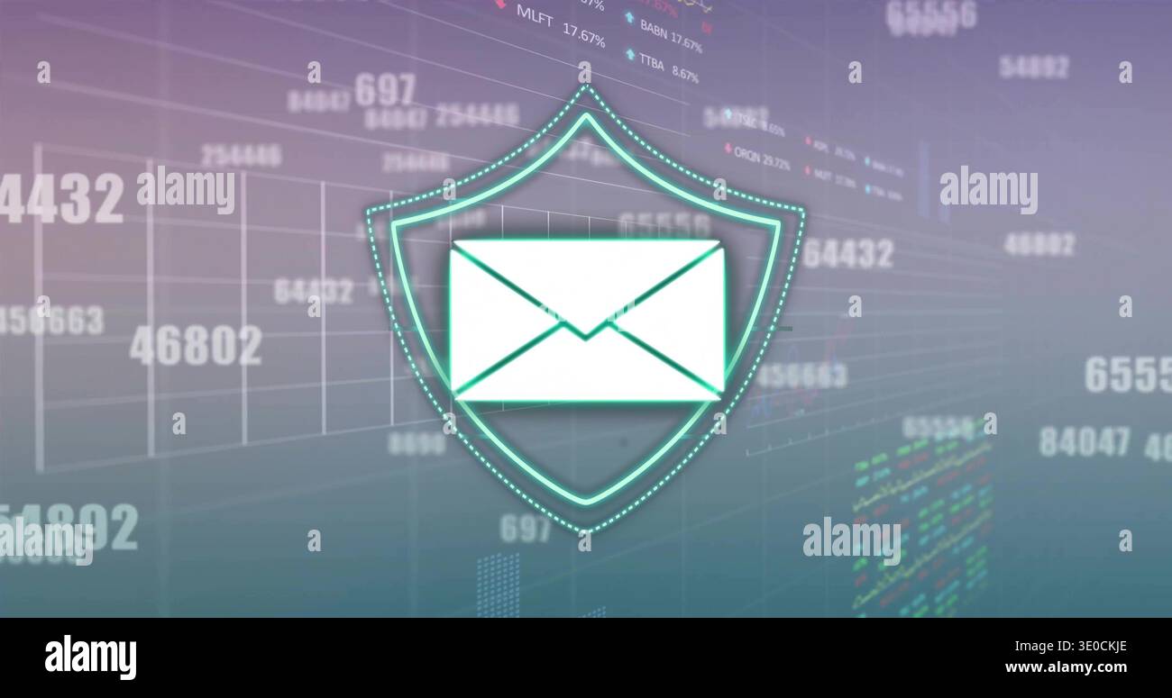 Floating envelope icon glowing in shield emblem over virtual UI showing grid chart data markers Stock Photo
