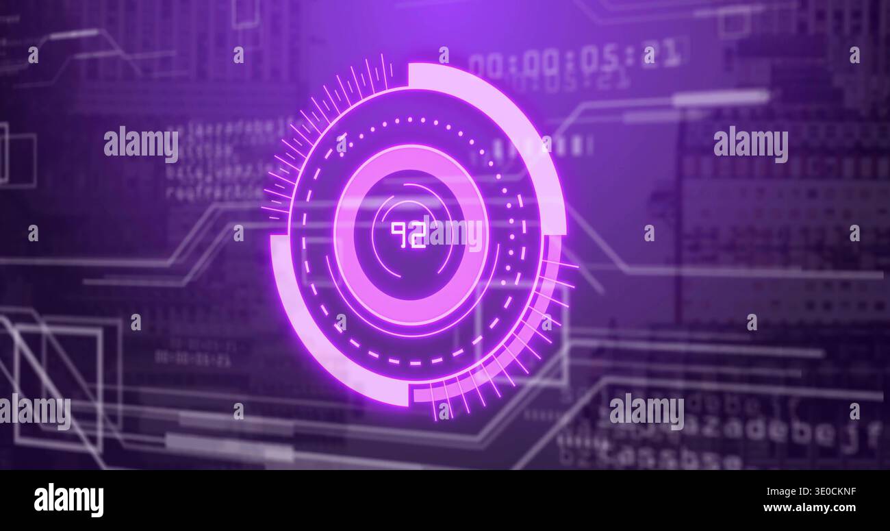 Displaying circular HUD showing readout 92 on virtual dashboard, with segmented arc and ticks Stock Photo