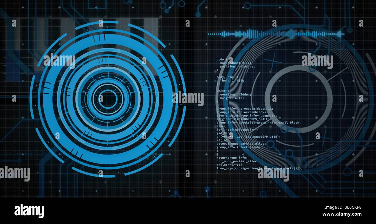 Displaying left cyan ringed HUD on grid with right grey HUD, code, divider, waveform, copy space Stock Photo