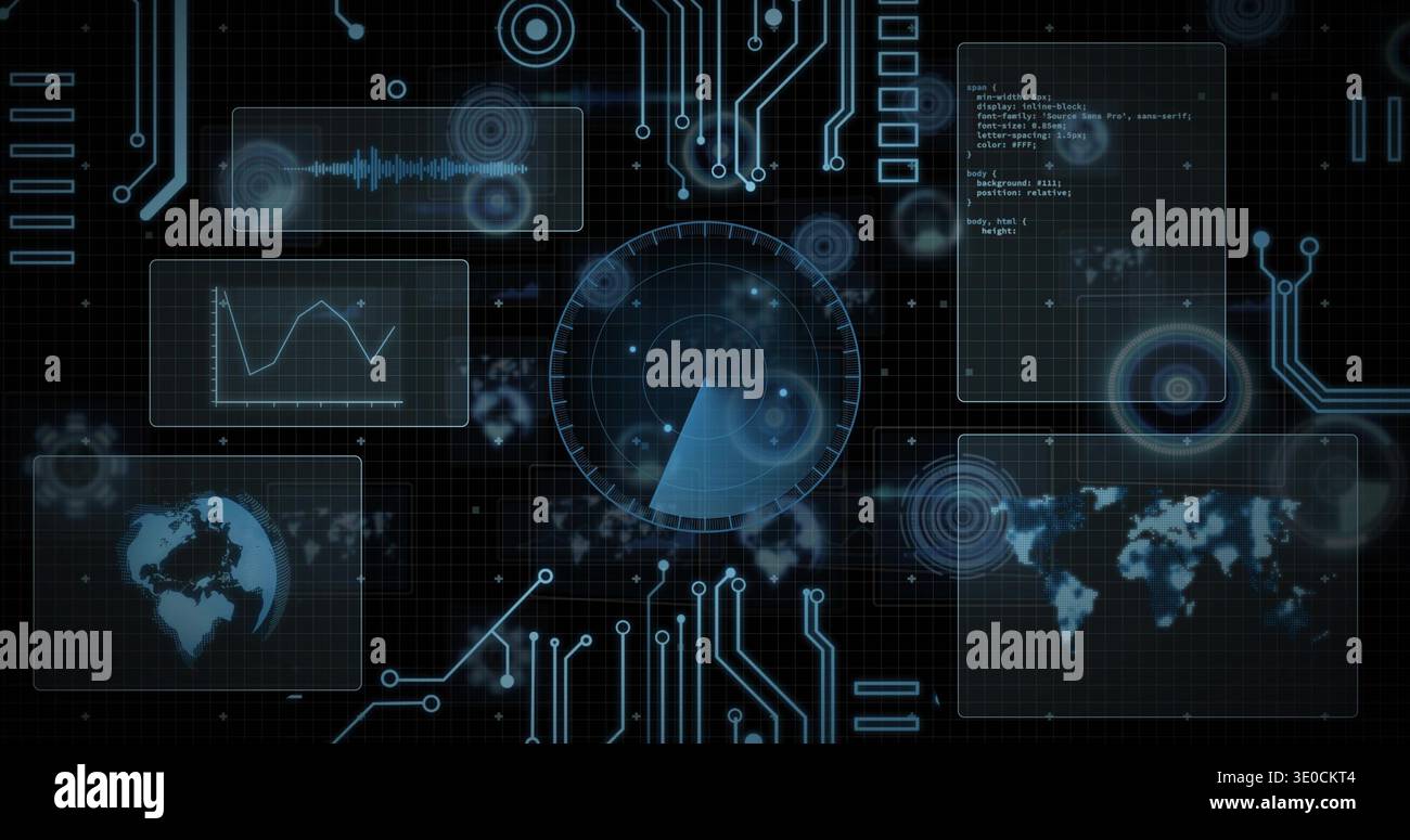 Displaying central radar HUD sweeping over command center grid, with faint blips and circuit traces Stock Photo