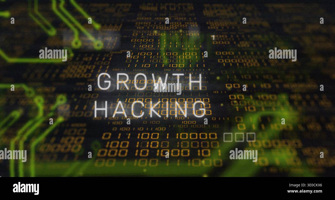 Displaying text reading GROWTH HACKING floating over digital circuit board, with gold binary digits Stock Photo