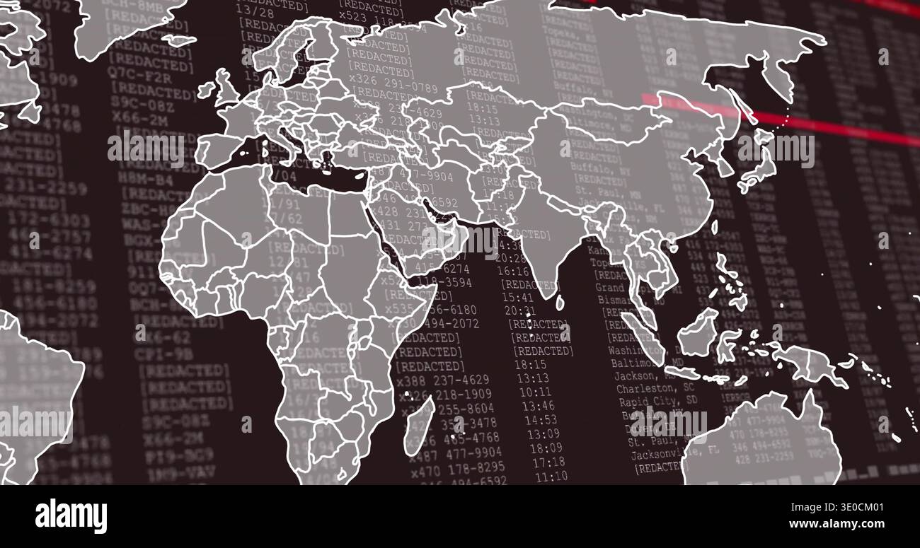 Displaying stylized world map overlay on data console, showing red scan line and [REDACTED] columns Stock Photo