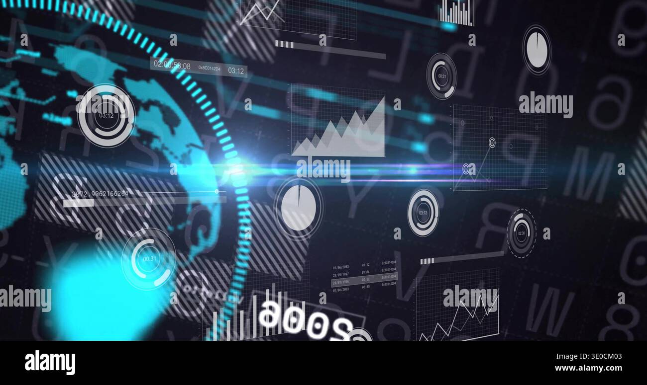 Displaying stylized globe and HUD ring rotating in futuristic analytics panel, with charts Stock Photo