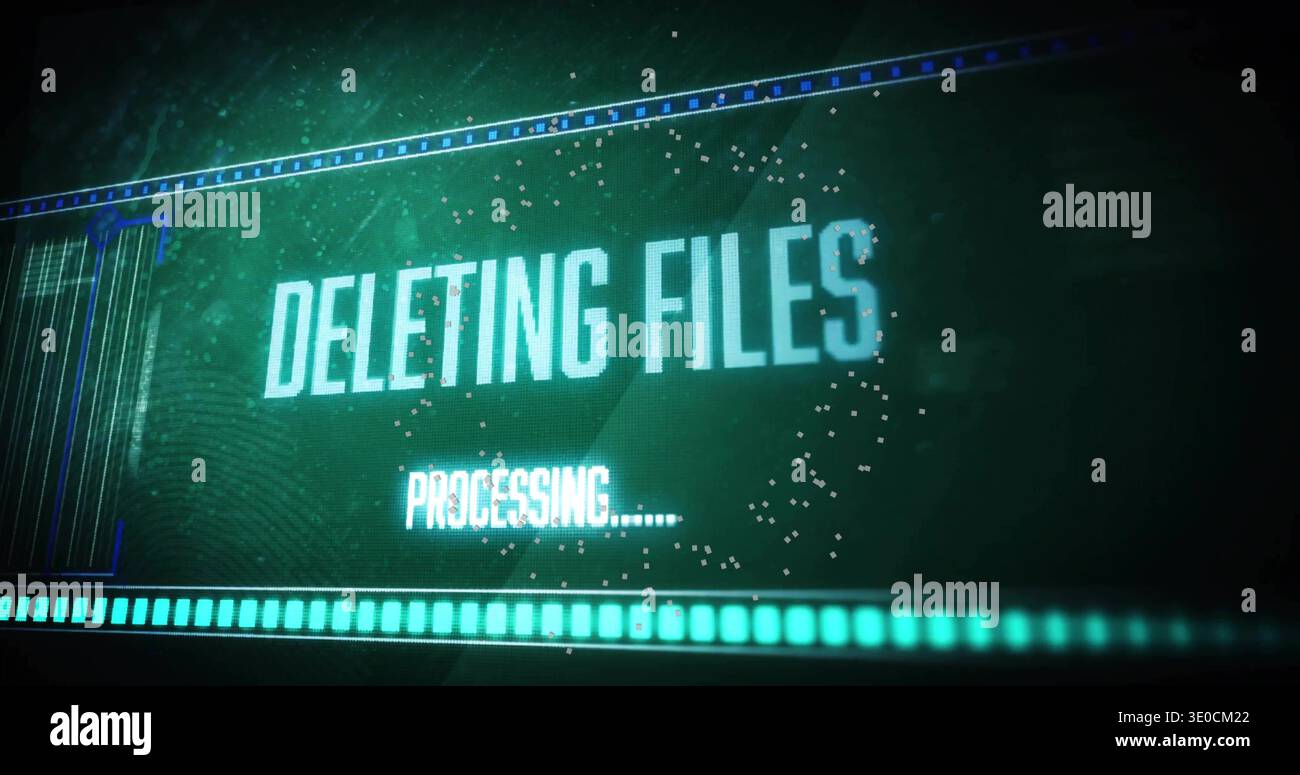 Displaying central DELETING FILES text pulsing on system console showing progress bars and scanline Stock Photo