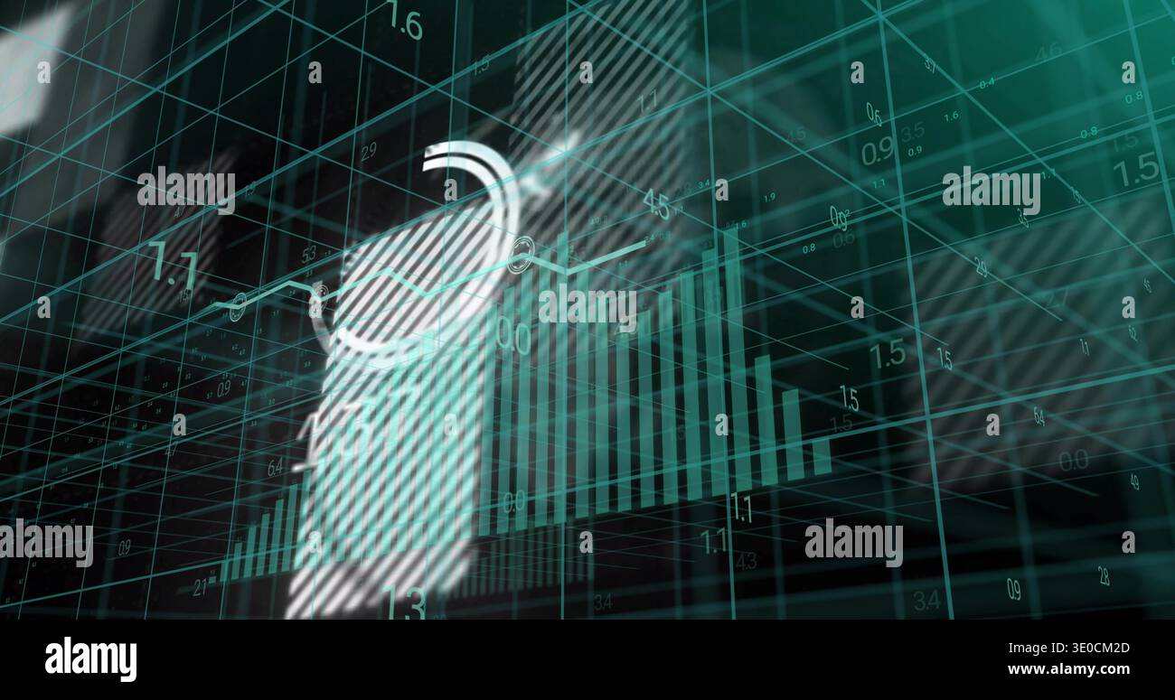 Displaying 3D analytics cluster in virtual grid, with striped panel, bars, line graph, gauge Stock Photo
