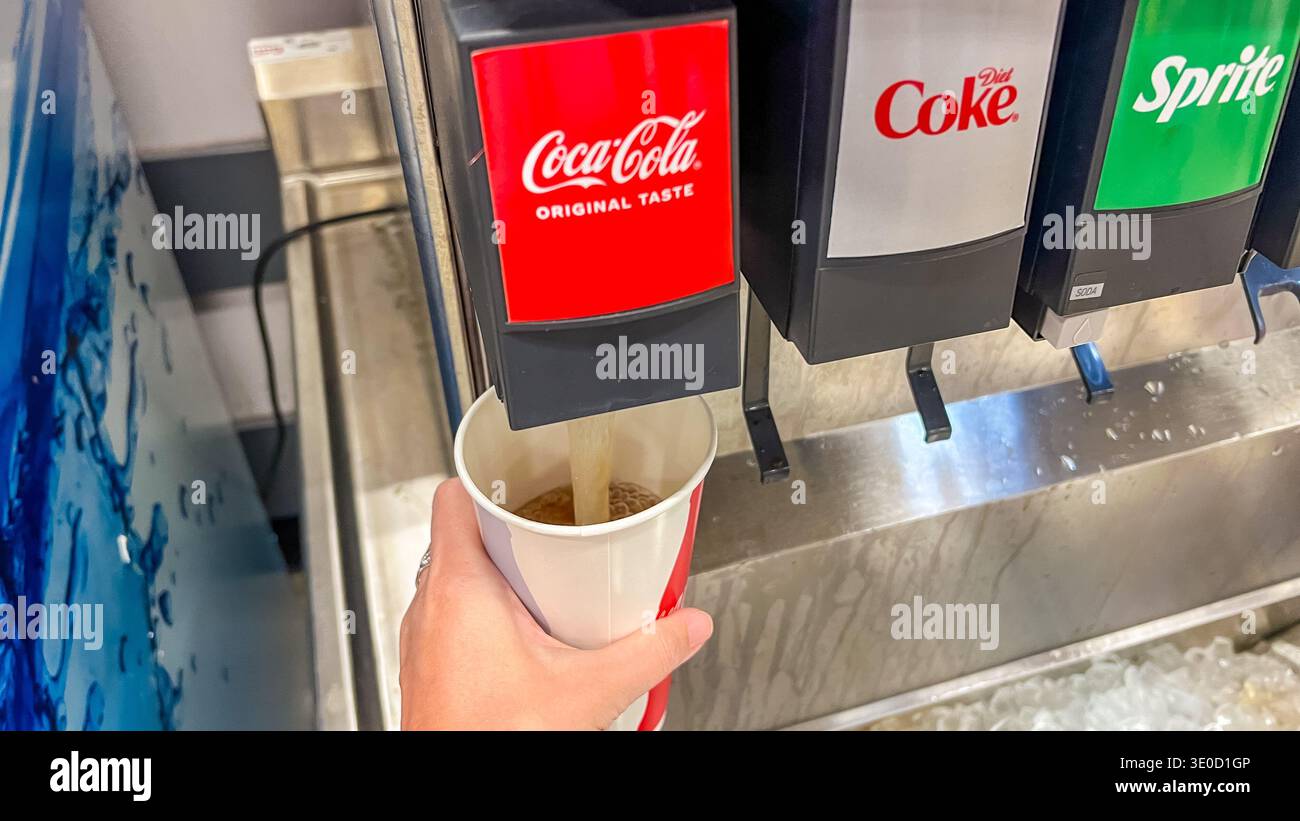 St Augustine FL, USA - March 07, 2026: A hand fills a white cup with ...